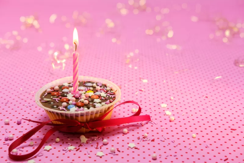 Muffin, Cupcake, Candle light, Red Ribbon, Pink background, Sugar sprinkles, Dessert, Birthday, Aesthetic, 5K