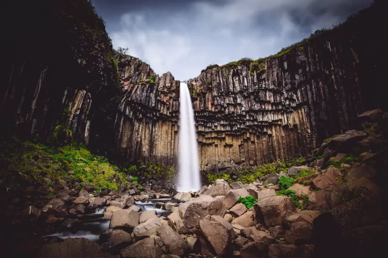 Svartifoss waterfall, Vatnajökull National Park, Lava columns, Rocks, Cliff, Iceland, 5K