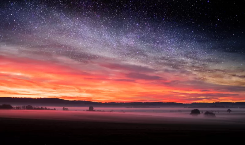 Milky Way, Sunset glow, Foggy field, 5K wallpaper