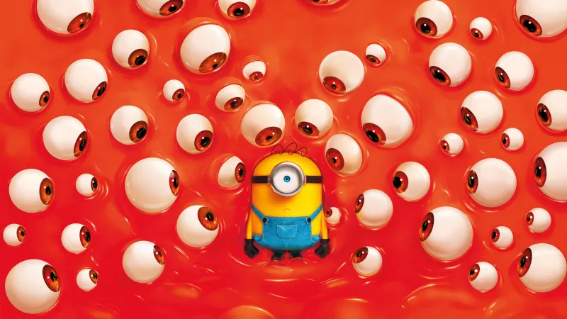 Minions & Monsters, Minion, Eyeballs, Red background, 5K wallpaper