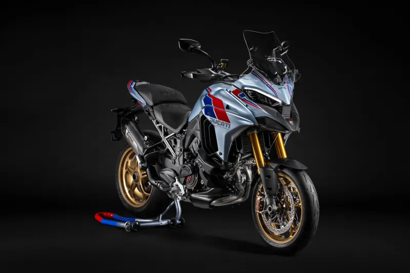 Ducati Multistrada V4 RS 100, Centenary livery, Gold wheels, Dark background, 2026, 8K wallpaper