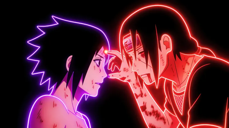 Itachi Uchiha, Sasuke Uchiha, Neon art, Naruto, Black background, 5K wallpaper