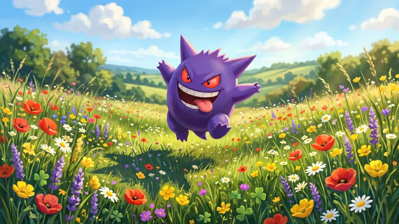 Gengar, Pokemon, Flower field, Nature, Cartoon