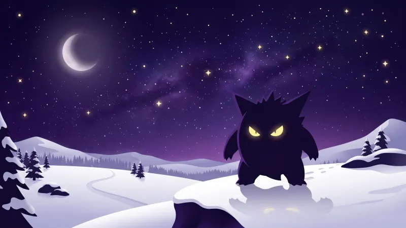 POKÉMON, Gengar, Winter, Night, Moon, Stars, Illustration, Glowing eyes