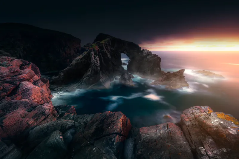 Stac a Phris arch at sunset wallpaper, Scotland, Long exposure