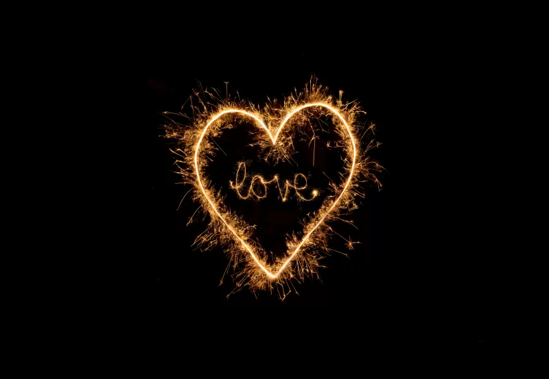 Love heart, Sparkles, Night, Black background, Letters, 5K