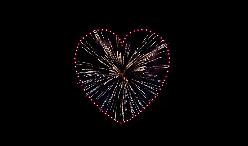 Love heart, Fireworks, Sparkles, Celebrations, Night, Black background, 5K, 8K