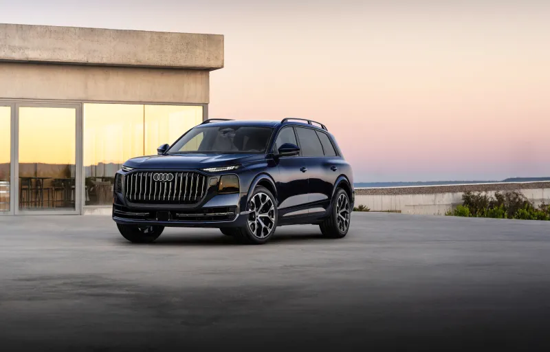 Audi Q9 wallpaper, Dark blue luxury SUV, Pink dusk, Modern house, 2027