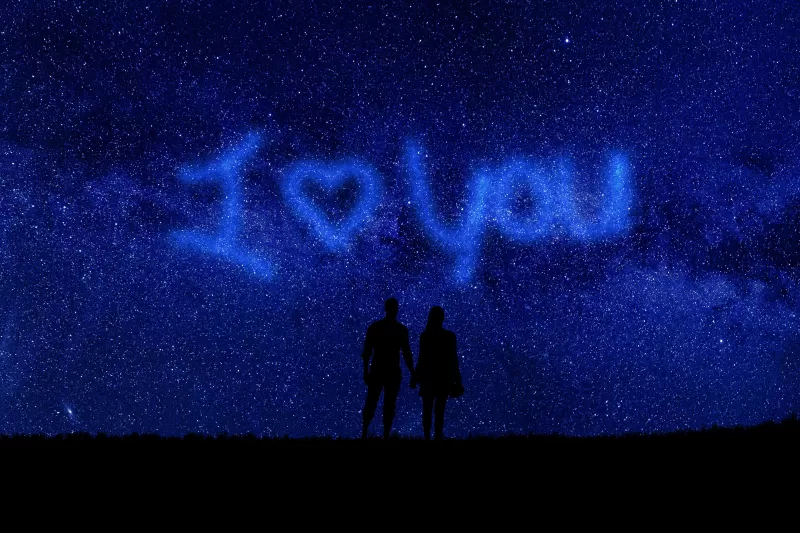 I Love You, Starry sky, Couple, Silhouette, Heart shape, Valentine's Day, Relationship, Together, Outer space, Night sky, 5K