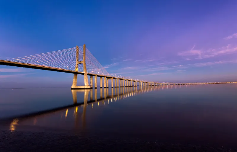 Vasco da Gama Bridge at twilight, Lisbon, Portugal, 5K wallpaper