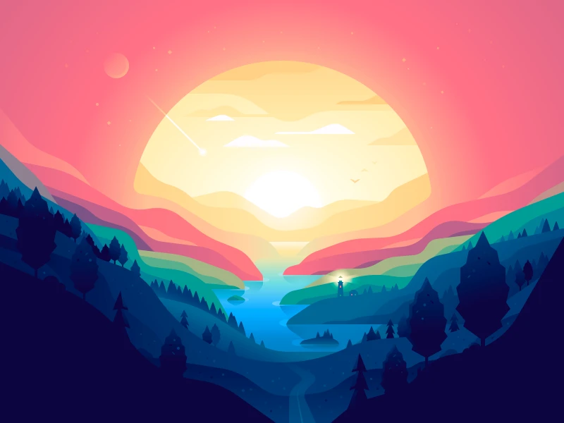Valley sunset illustration wallpaper, Lighthouse, Layered hills
