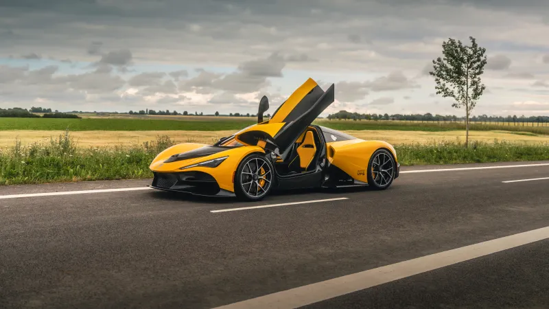 Zenvo Aurora Tur, Dihedral doors, Countryside road, Yellow hypercar, 8K wallpaper