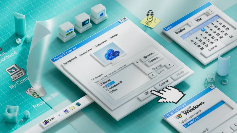 Windows Insider 10th anniversary, Retro desktop, Teal, 4K wallpaper