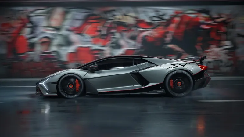 Lamborghini Revuelto SV wallpaper, Grey, Graffiti tunnel, Side view, Motion blur