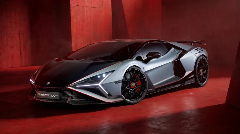 Lamborghini Revuelto SV, Silver and black, Red studio, V12 hybrid hypercar wallpaper