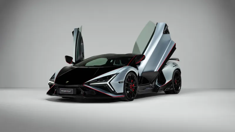 Lamborghini Revuelto SV wallpaper, Doors open, Silver and black, Studio, 8K