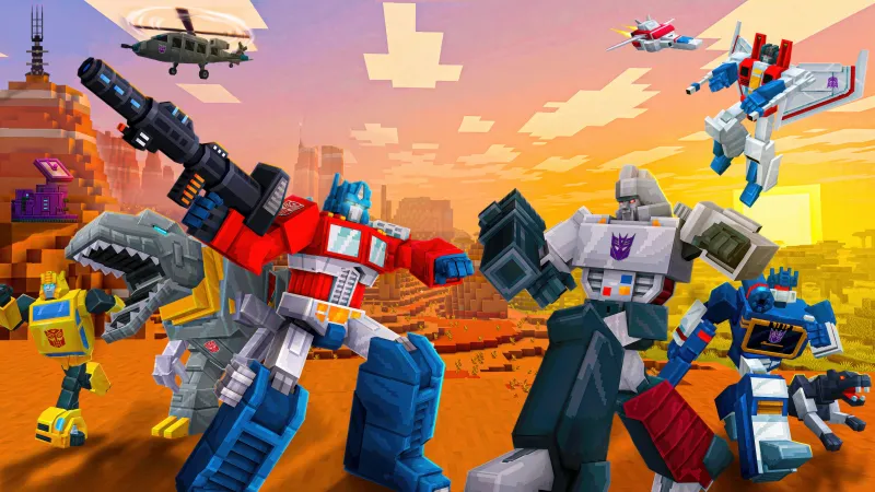 Transformers x Minecraft wallpaper, Optimus Prime, Megatron, Bumblebee