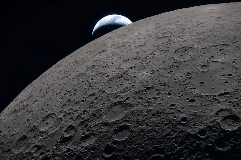 Earth over lunar craters wallpaper, Artemis II, Moon surface