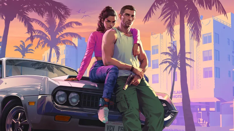 Grand Theft Auto VI, Original, GTA 6 wallpaper, Jason and Lucia, Vice City, Muscle car