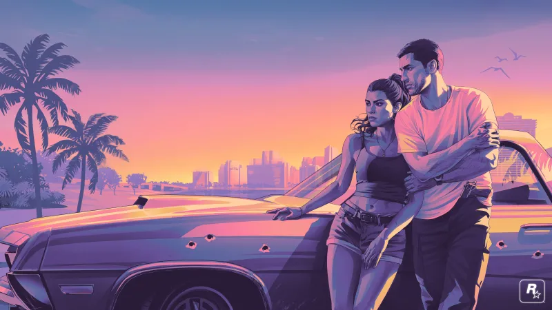 Grand Theft Auto VI, GTA 6 wallpaper, Album cover art, Jason and Lucia, Vice City sunset