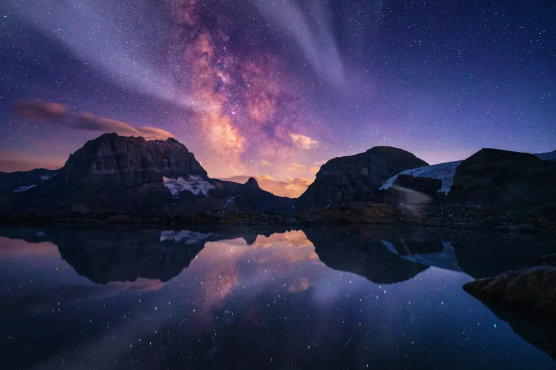 Milky Way over an alpine lake wallpaper, Mountain reflections, Starry night