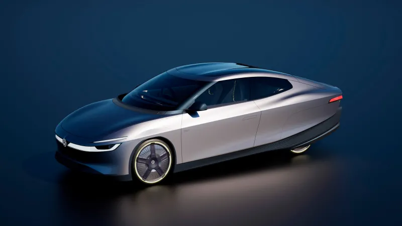 Volkswagen Mission Efficiency concept, Silver aero sedan, Blue studio, 2026, 4K wallpaper