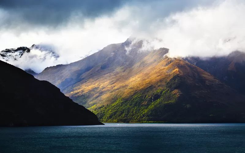 Lake Wakatipu, New Zealand, Body of Water, Mountains, Landscape, Foggy, Snow, Scenery