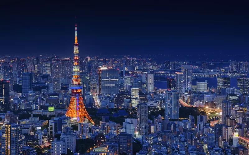 Tokyo Tower, Japan, Metal structure, Cityscape, City lights, Night time, Landmark, Skyscrapers, Dark blue