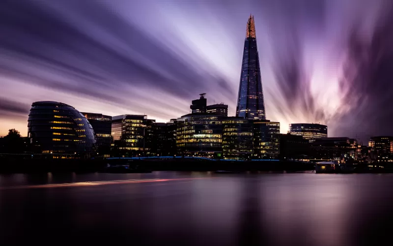 The Shard, London, England, Landmark, Cityscape, City lights, Skyscrapers, River Thames, City Hall, Skyline, Long exposure, Sunset, Purple sky