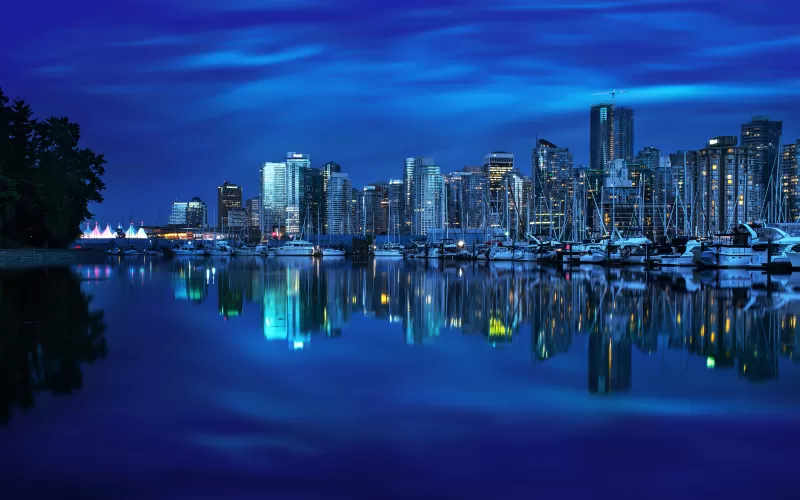 Coal Harbour, Vancouver City, Canada, Cityscape, Body of Water, Reflection, Blue background, Skyscrapers, City lights, Dusk, Boats, Skyline