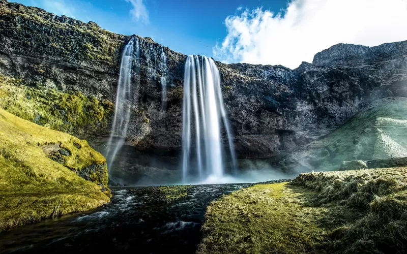 Seljalandsfoss, Waterfalls, Iceland, Water Stream, Cliff, Green Moss, Long exposure, Landscape, Scenery, Blue Sky