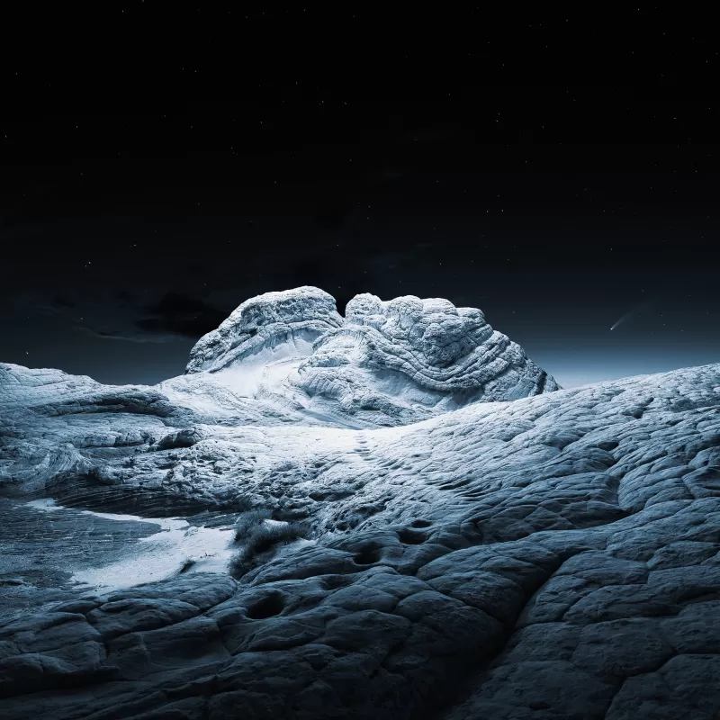 macOS Big Sur, Stock, Cold, Winter, Sedimentary rocks, Night, Starry sky, iOS 14, 5K