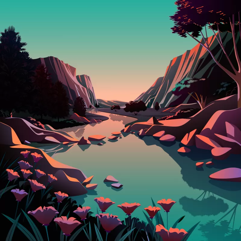 Lake, Mountains, Rocks, Sunrise, Daylight, Scenery, Illustration, macOS Big Sur, iOS 14, Stock, 5K