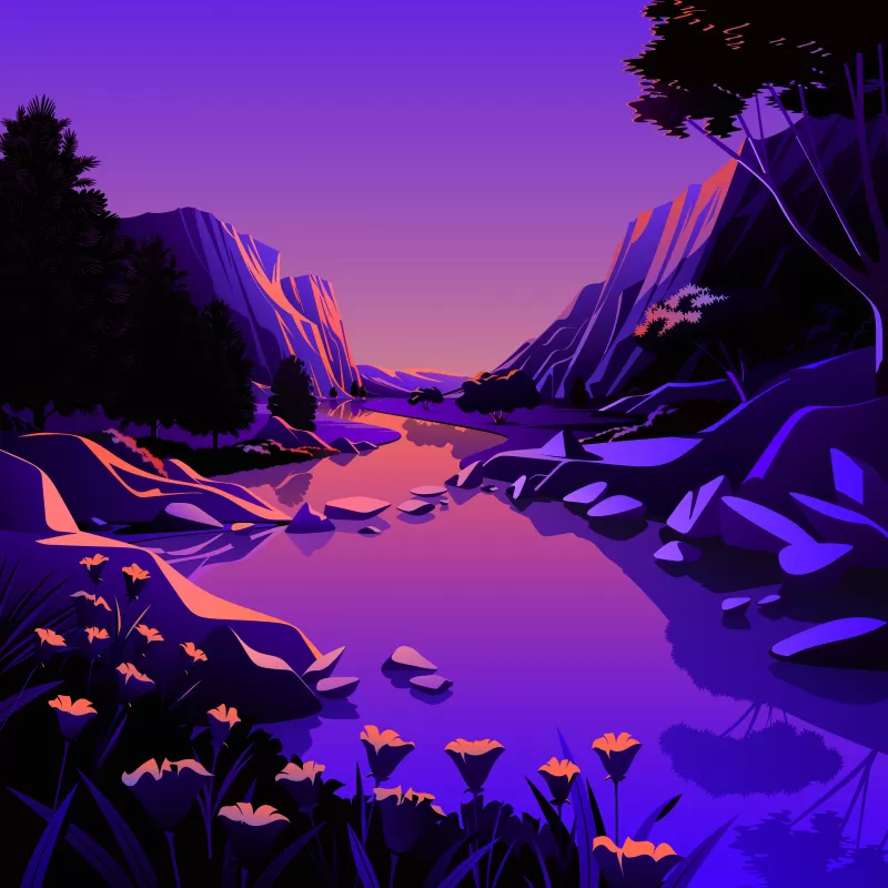 Lake, Mountains, Rocks, Twilight, Sunset, Purple sky, Pink sky, Scenery, Illustration, macOS Big Sur, iOS 14, Stock, Aesthetic, 5K
