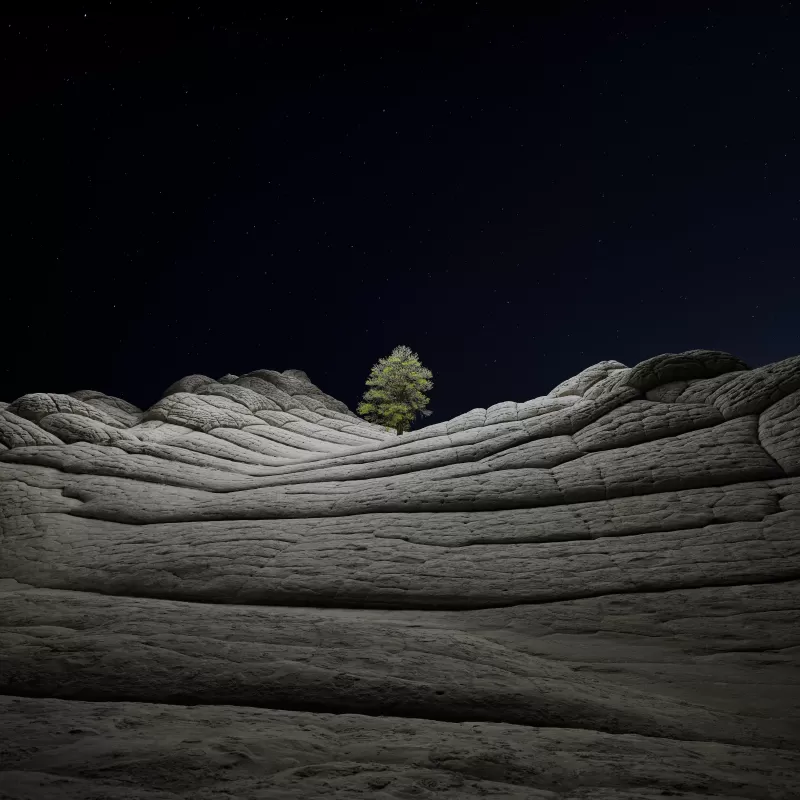 macOS Big Sur, Stock, Night, Lone tree, Sedimentary rocks, Starry sky, Dark, iOS 14, 5K
