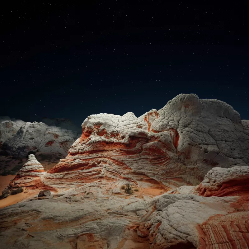 macOS Big Sur, Stock, Night, Sedimentary rocks, Desert, Starry sky, Dark, iOS 14, 5K