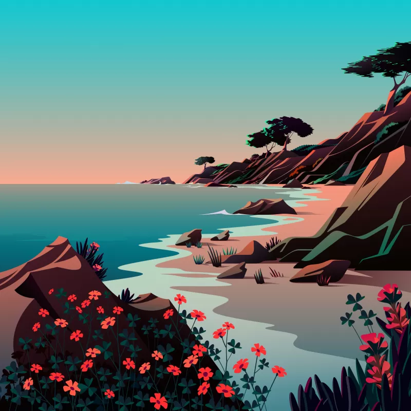 Beach, Landscape, Morning, Scenery, Illustration, macOS Big Sur, iOS 14, Stock, Aesthetic, 5K