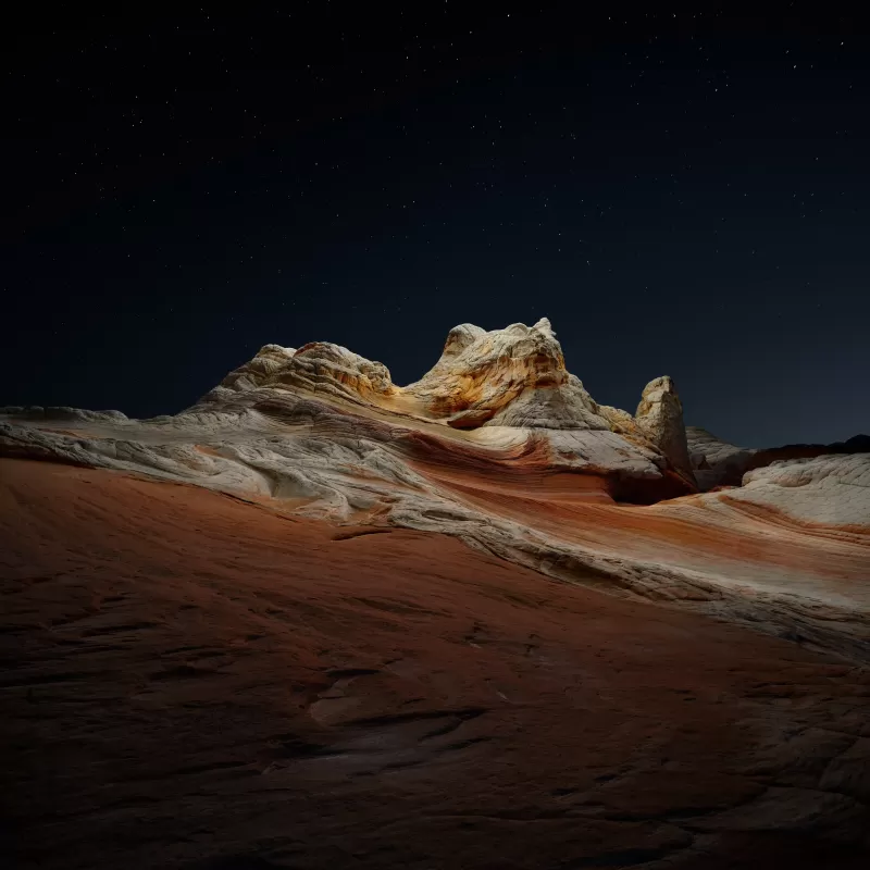 macOS Big Sur, Stock, Night, Sedimentary rocks, Desert, Starry sky, Dark, iOS 14, 5K