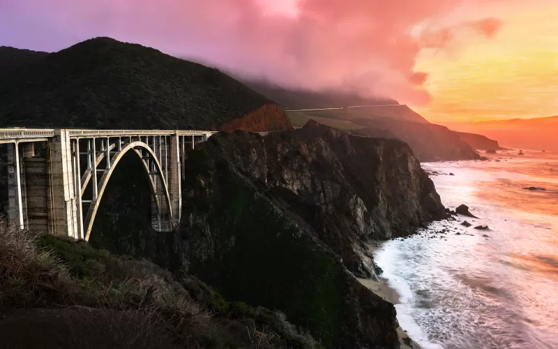Bixby Creek Bridge, 4K wallpaper, California, Sunset, Orange sky, Big Sur, Coastline, Foggy, Landscape, Long exposure, Ocean, Architecture