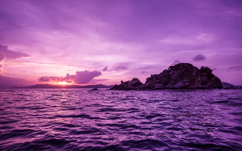 British Virgin Islands, Purple sky, Body of Water, Waves, Sunset, Seascape, Tropical, 5K
