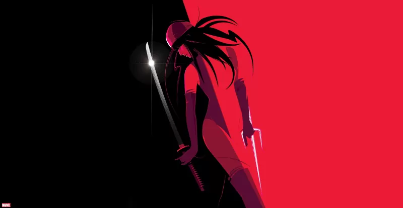Elektra, Marvel Cinematic Universe, Marvel Superheroes, Red background, 5K