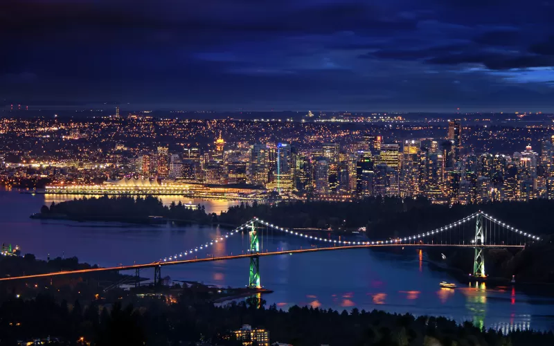 Lions Gate Bridge, Vancouver City, Canada, Cityscape, City lights, Night time, Horizon, Dark Sky, Long exposure, Suspension bridge
