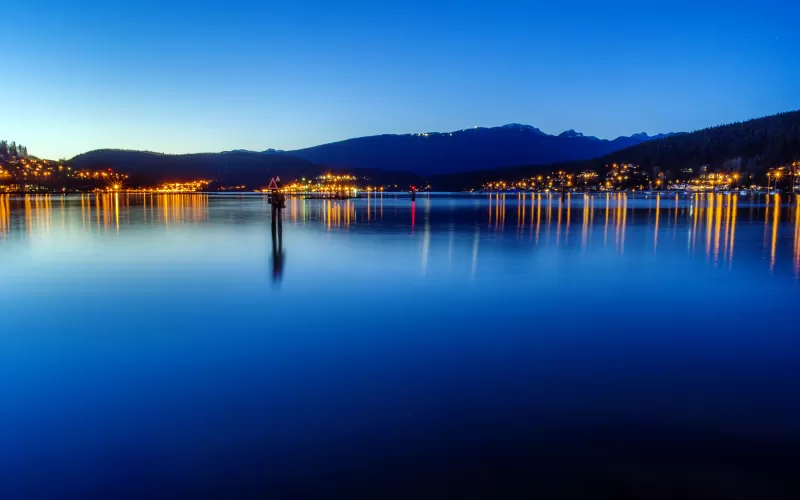 Burrard Inlet, Fjord, Canada, British Columbia, Port Moody, City lights, Seascape, Dusk, Landscape, Reflection, Long exposure, Blue Sky, Body of Water