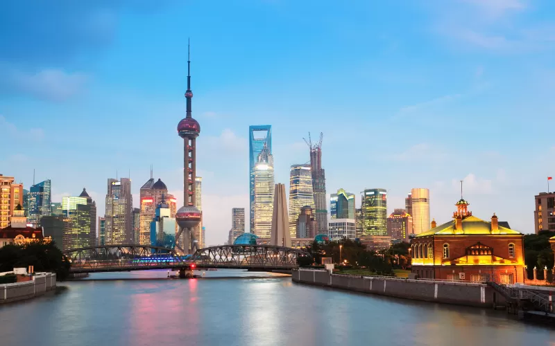 Waibaidu Bridge, Oriental Pearl Tower, Shanghai, China, Huangpu River, Cityscape, City lights, Skyscrapers, Skyline, Body of Water, Blue Sky, Tourist attraction, Landmark, 5K