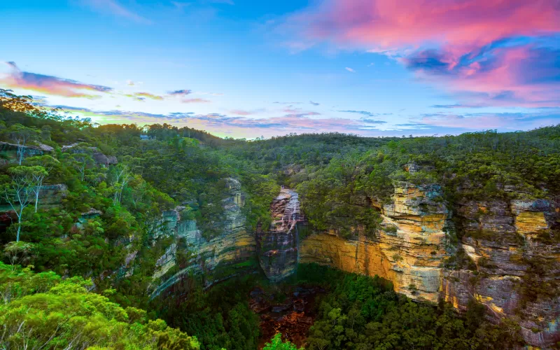 Wentworth Falls, Blue mountains, Australia, National Park, Long exposure, Sunset, Cliffs, Forest, Green Trees, Greenery, HDR, Landscape, Clear sky, 5K