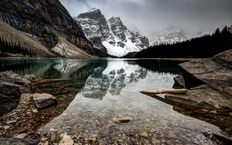 Moraine Lake, Canada, Reflection, Landscape, Snow covered, Glacier mountains, Foggy, Rocks, Clear water, Mirror Lake, 5K