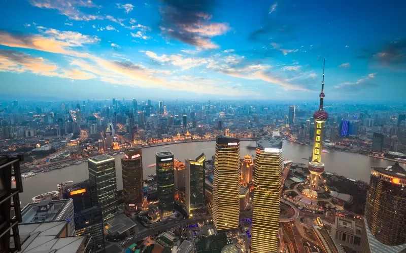Shanghai City, China, Aerial view, Cityscape, Skyline, Sunset, Skyscrapers, High rise building, Oriental Pearl Tower, Evening sky, Clouds, 5K