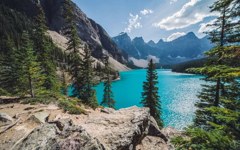 Moraine Lake, Canada, Banff National Park, Valley of the Ten Peaks, Turquoise water, Landscape, Mountain range, Clouds, Scenery, Sunny day
