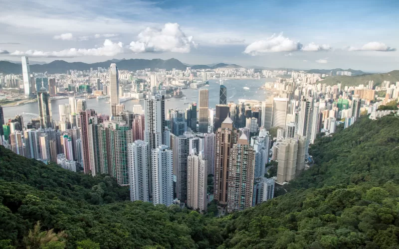 Hong Kong City, Skyline, Victoria Peak, Cityscape, Daytime, Aerial view, Skyscrapers, Clouds, Harbor