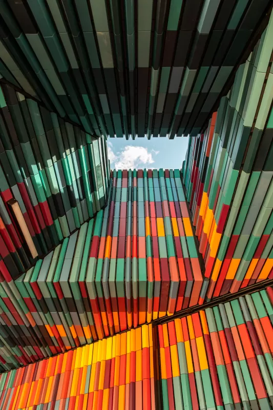 Modern architecture, Building, Metal structure, Colorful, Stripes, Ceiling